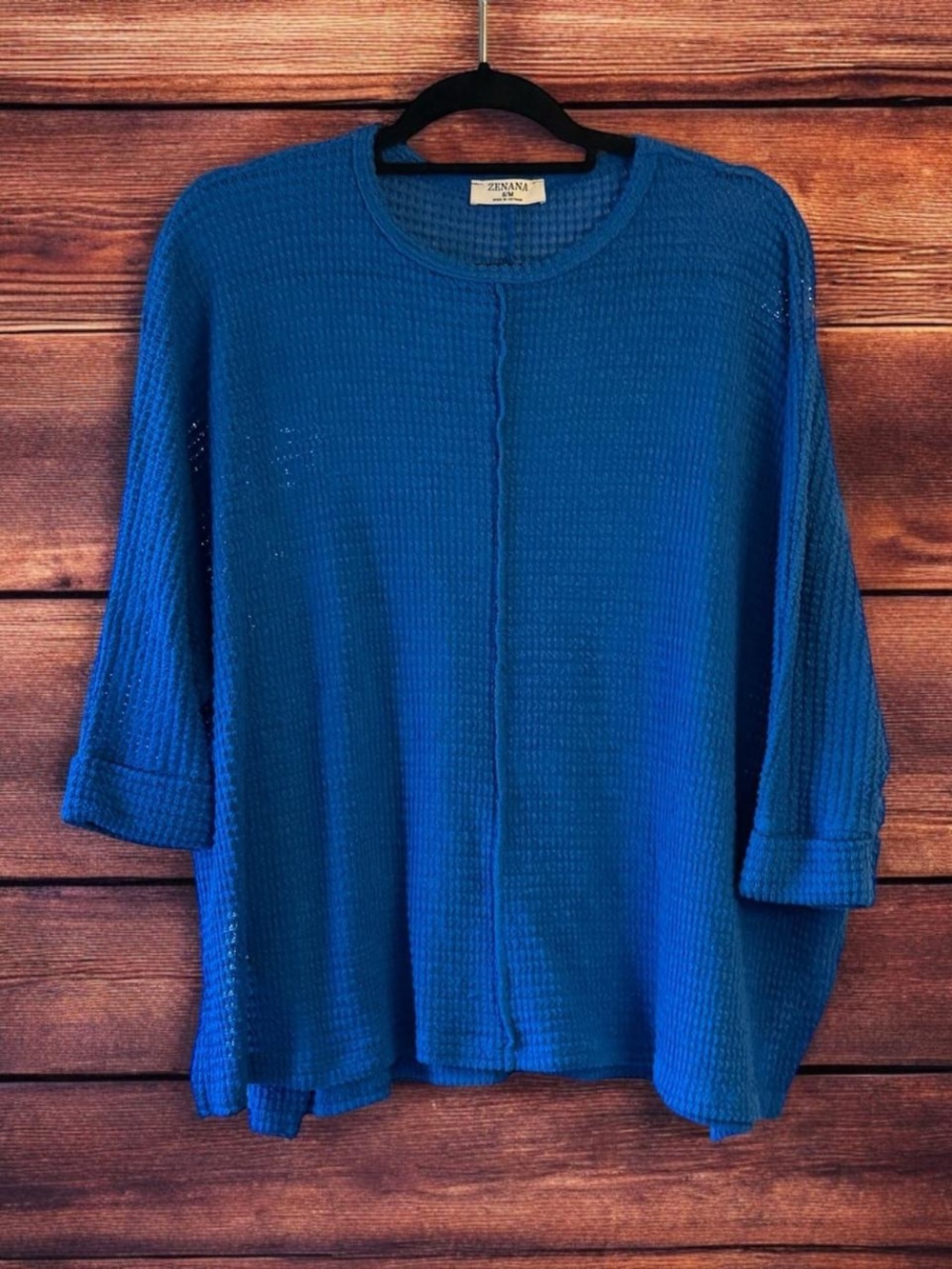 Zenana Outfitters Blue Waffle Knit Scoop Neck Sweater